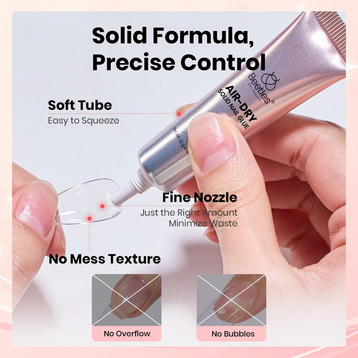 beetles applying press-on nail in hand, quick five-second set for fast manicures