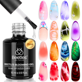 Beetles Blooming Gel front bottle showing clear gel and label, professional finish benefit