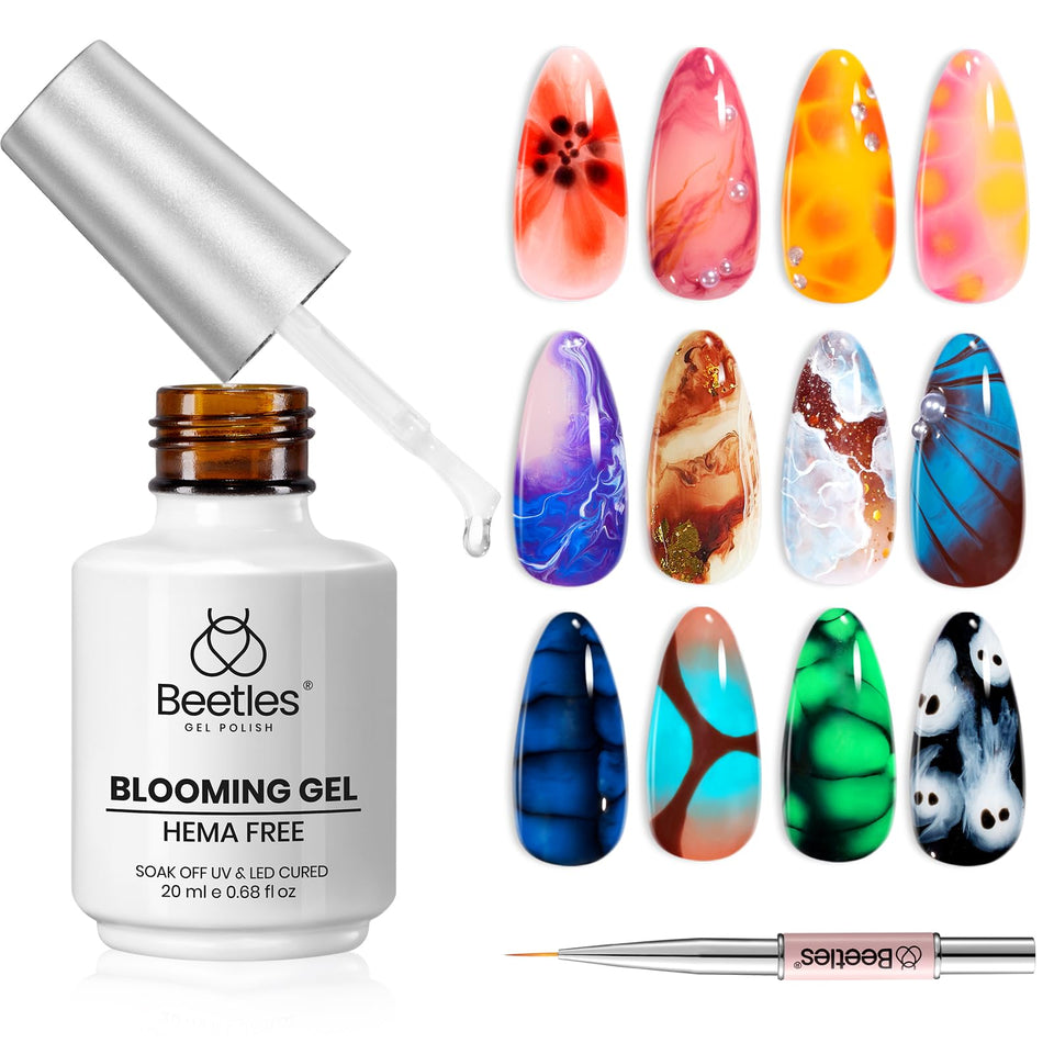 Beetles front bottle showing clear 20ml blooming gel, easy to apply