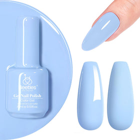 Beetles Gel Polish front bottle showing pastel blue shade and size benefit