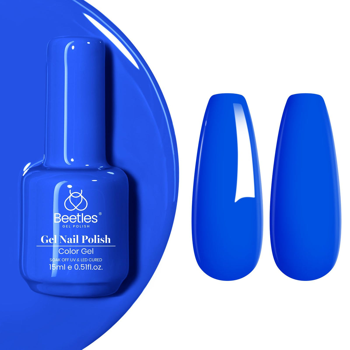 Beetles Gel Polish front bottle showing vivid blue shade and label benefit bold color