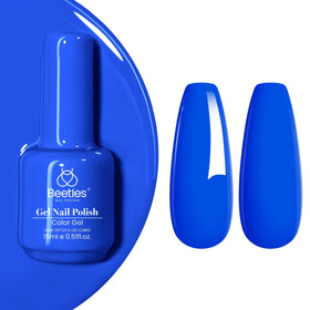Beetles Gel Polish front bottle showing vivid blue shade and label benefit bold color