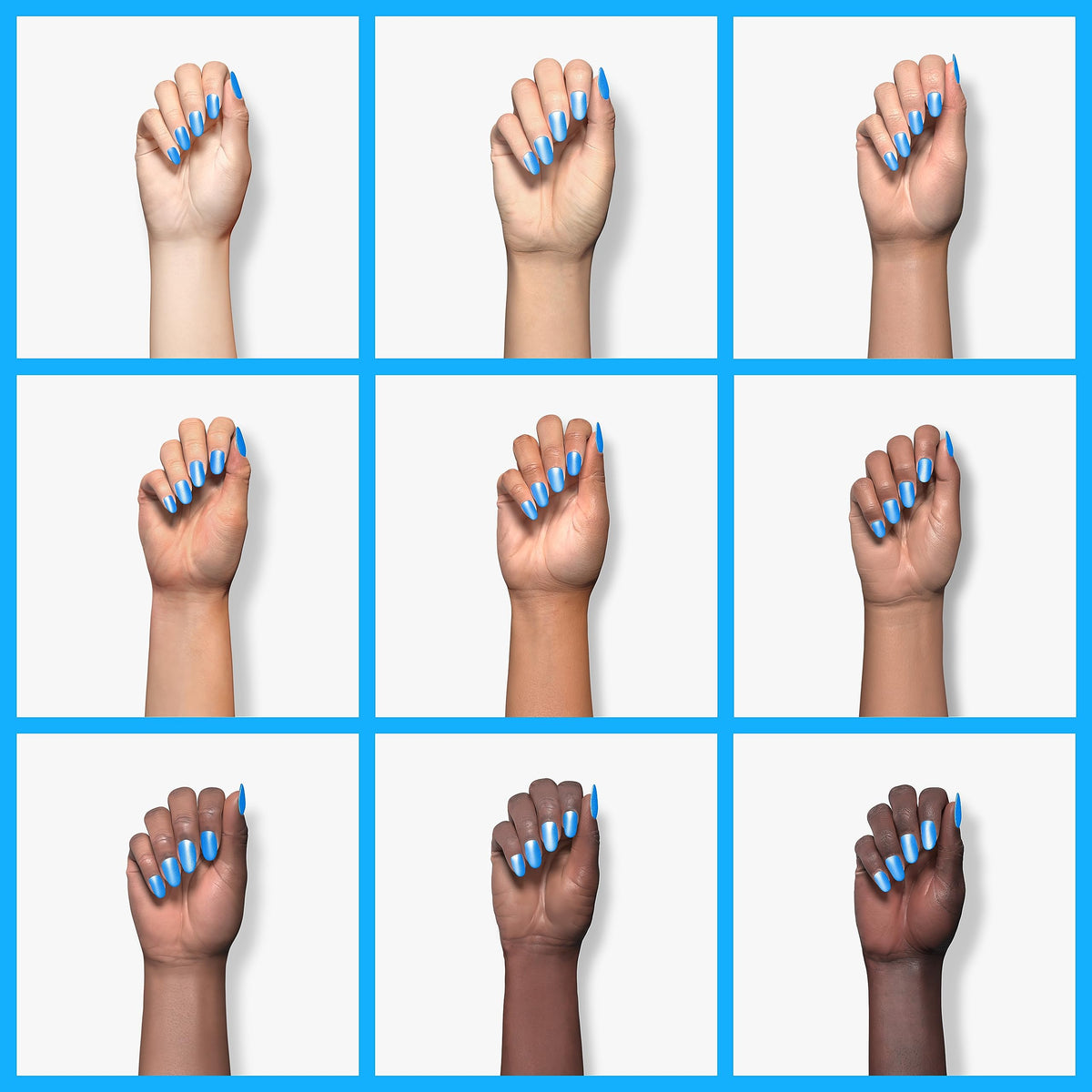 beetles blue polish swatches on nail wheel showing shade options and opacity