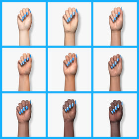 beetles blue polish swatches on nail wheel showing shade options and opacity