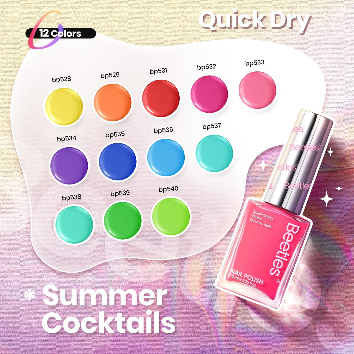 Beetles bottle closeup highlighting glossy finish and smooth application benefit