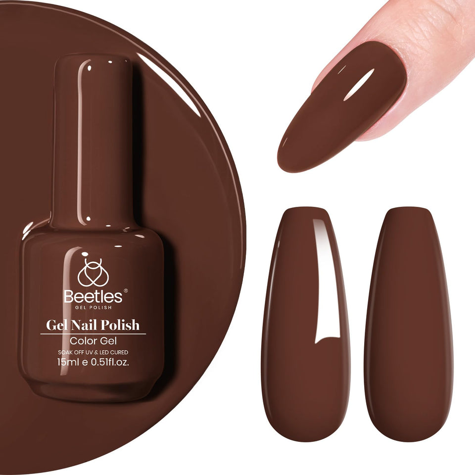 Beetles bottle front view showing brown gel shade d480 and 15ml volume, clear branding