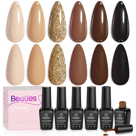 Beetles front packaging showing six brown gel polish bottles, neat presentation benefit