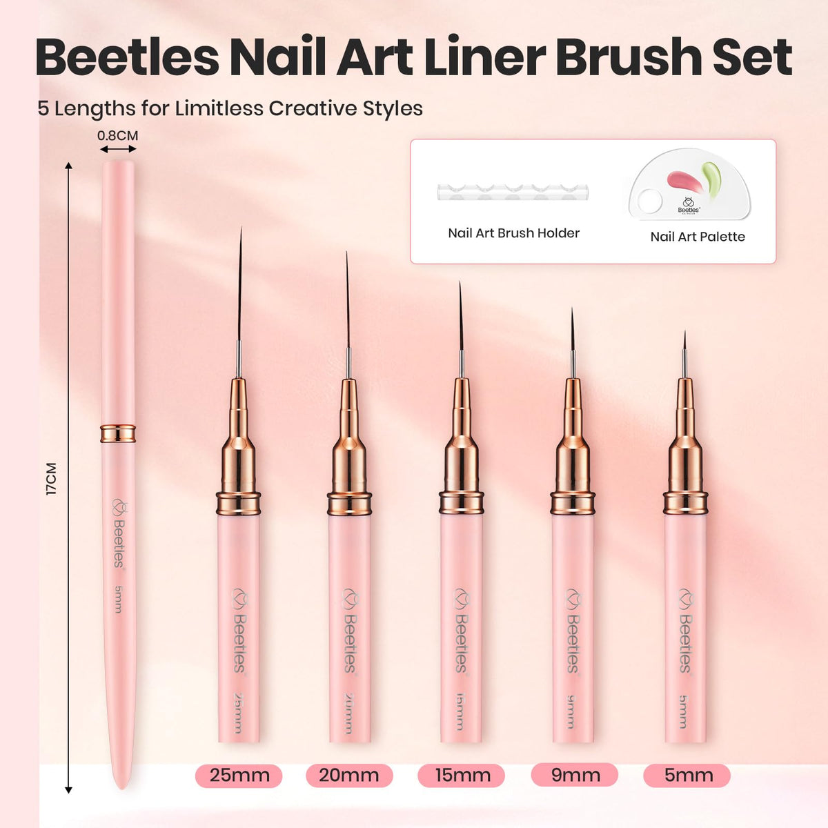Beetles Gel Polish five liner brushes arranged to show varied lengths and usability benefits