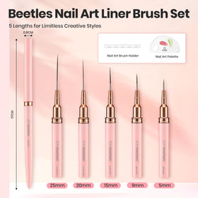 Beetles Gel Polish five liner brushes arranged to show varied lengths and usability benefits