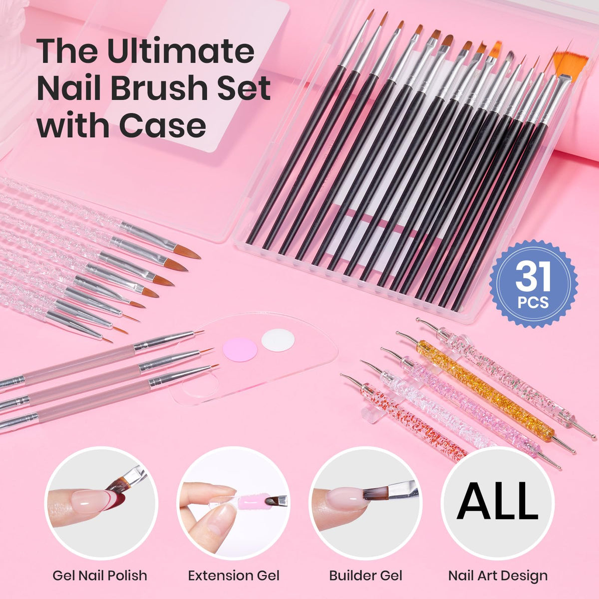 Beetles brushes spread showing variety and sizes for versatile nail art
