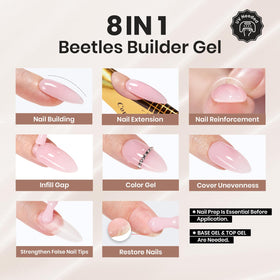 Brush applying Beetles Builder Gel to a nail, demonstrating easy sculpting and control