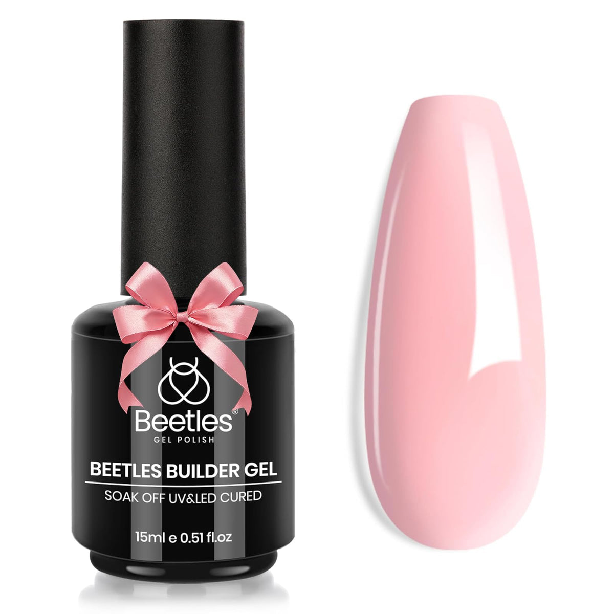 beetles builder gel front bottle showing compact 15ml and pink shade benefit