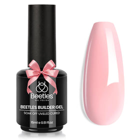 beetles builder gel front bottle showing compact 15ml and pink shade benefit
