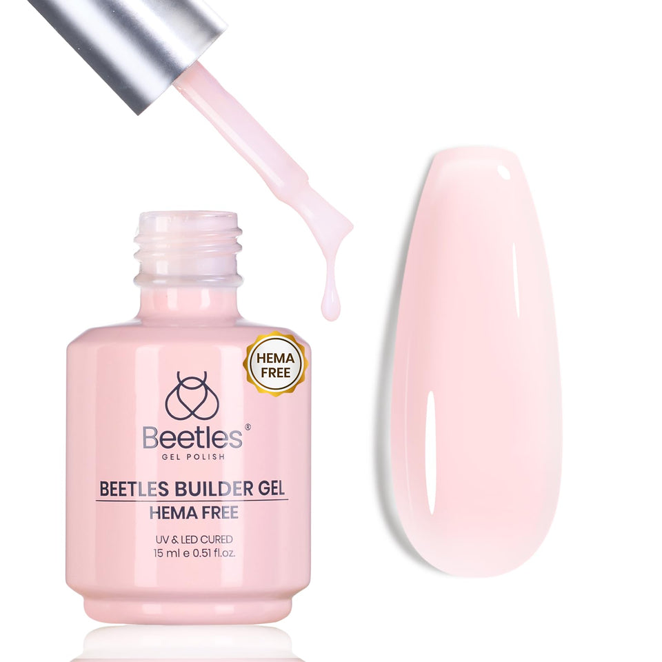 Beetles bottle front view showing jelly pink builder gel and size benefit