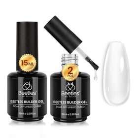 Beetles Builder Gel front view showing two clear 15 mL bottles and labels, professional benefit