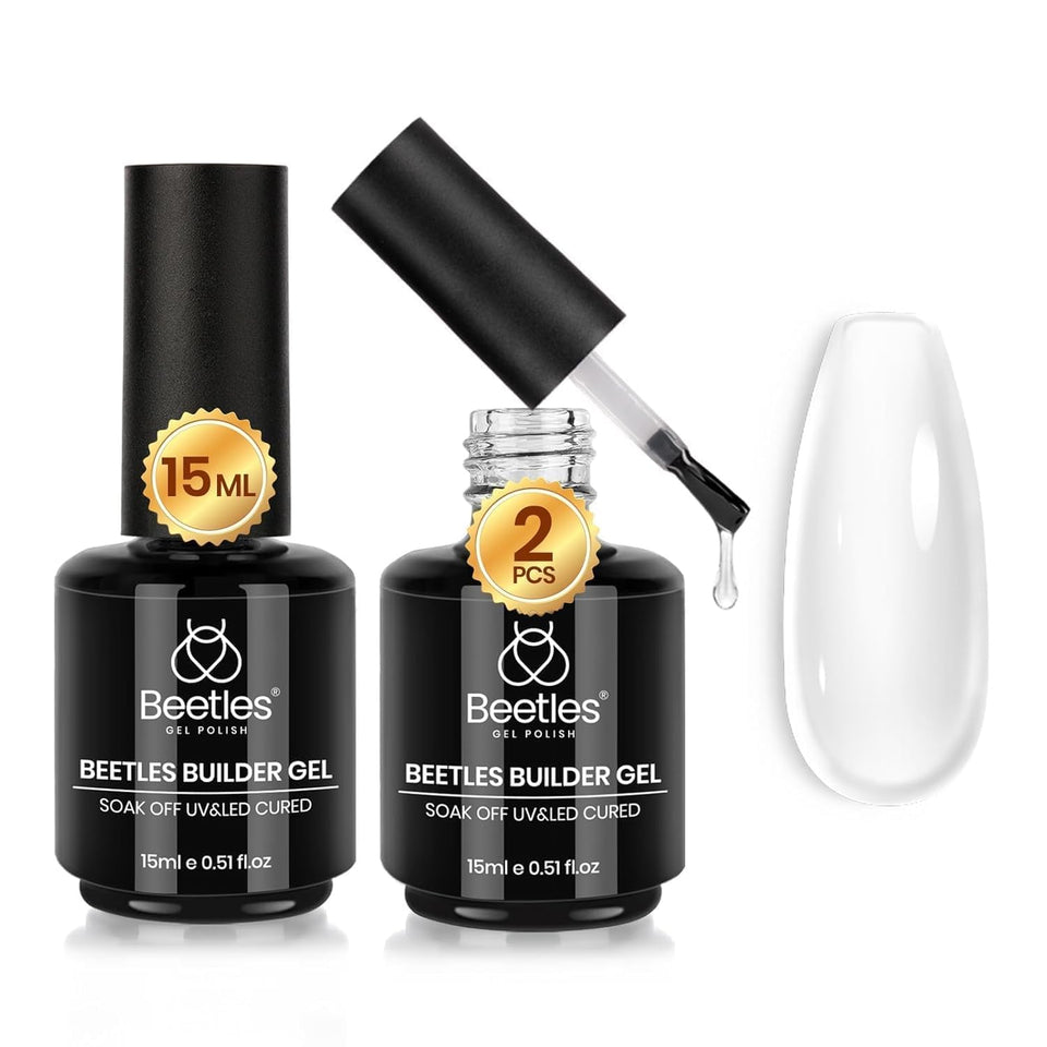 Beetles Builder Gel front view showing two clear 15 mL bottles and labels, professional benefit