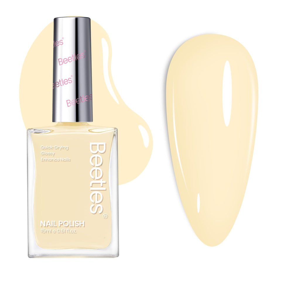 Beetles Gel Polish bottle front view showing creamy pastel yellow shade and glossy finish