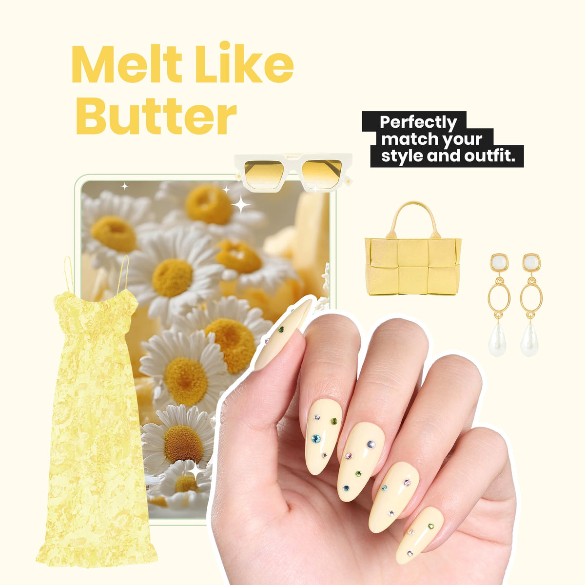 Manicure with Beetles Butter Yellow on fingernails displaying salon-quality gloss and wear