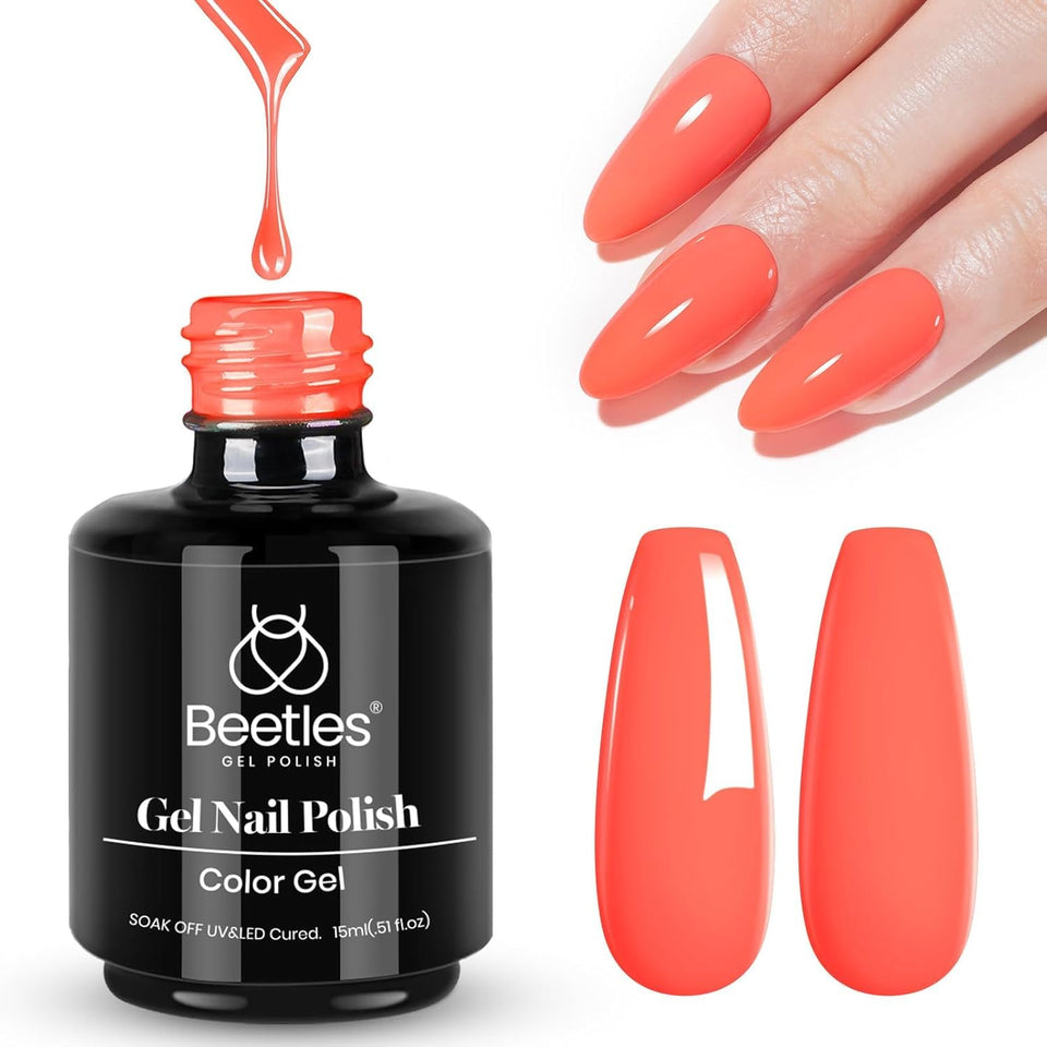 Beetles bottle front view showing Carly Coral peach orange tone and glossy finish
