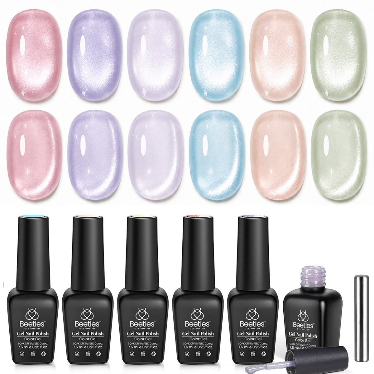 beetles front packaging showing six jelly pastel bottles and magnet, highlights kit convenience