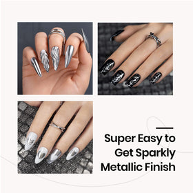 beetles before and after nails with chrome powder, dramatic mirror-effect transformation