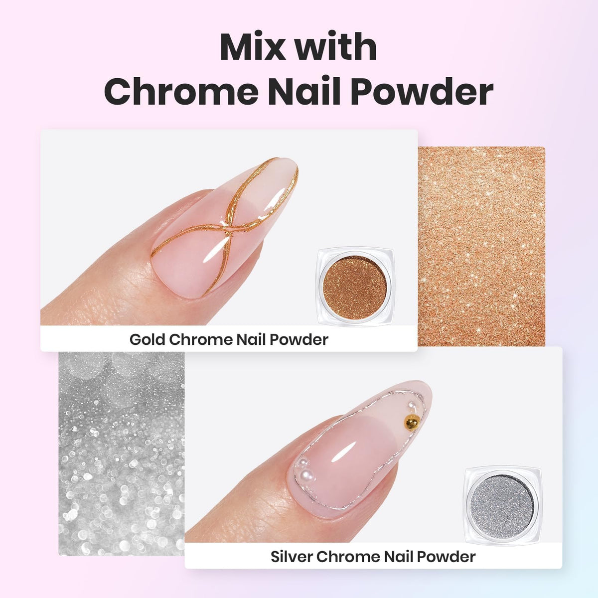 beetles Gel Polish chrome powder and rhinestones creating metallic finishes
