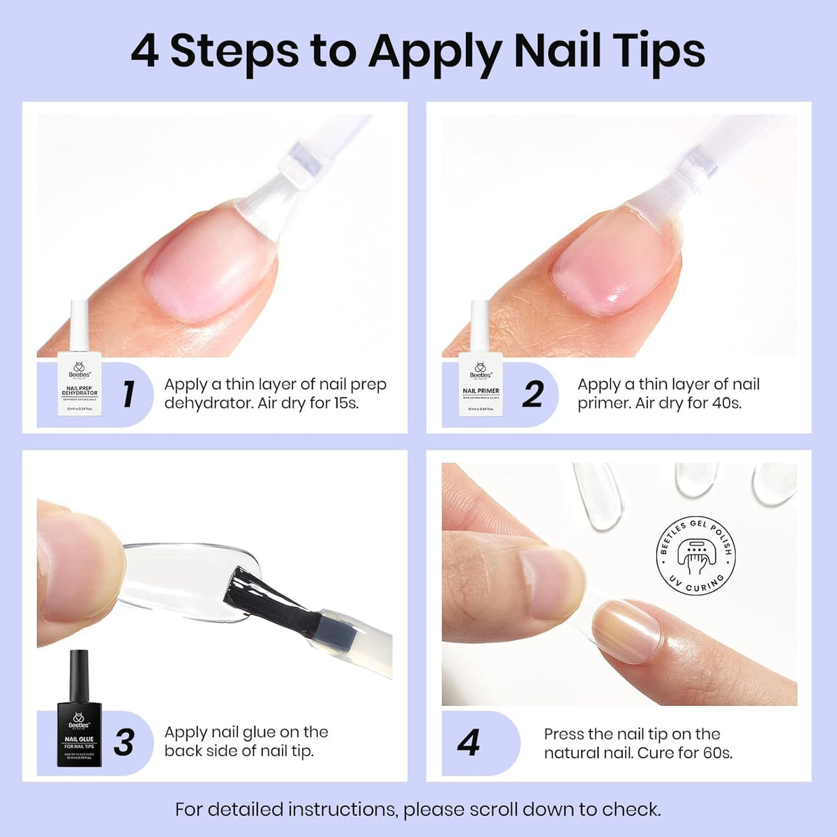Beetles clear nail tip cured under light showing full cure and shine benefit