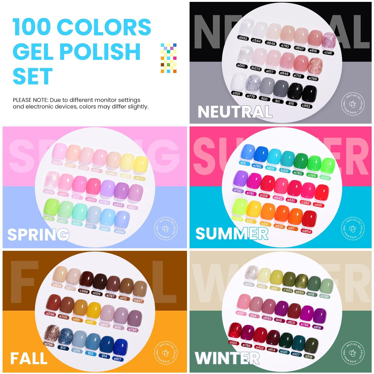 beetles color array overhead displaying 100 gel shades benefit: full-spectrum inspiration