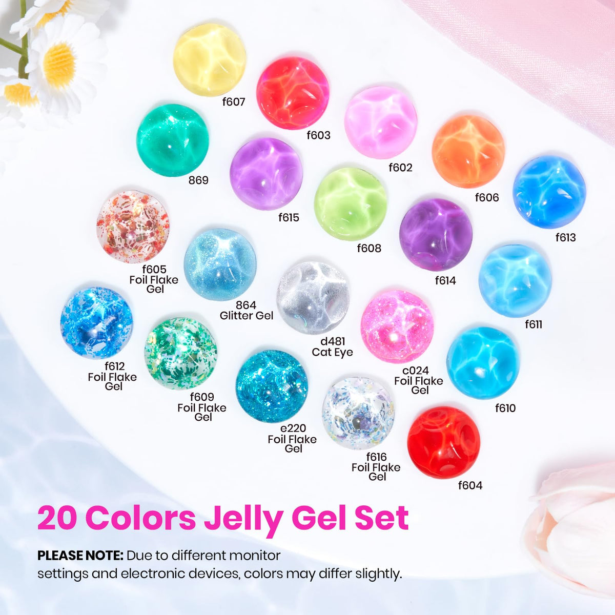 beetles color swatches arranged to show neon jelly and glitter contrast for layering ideas