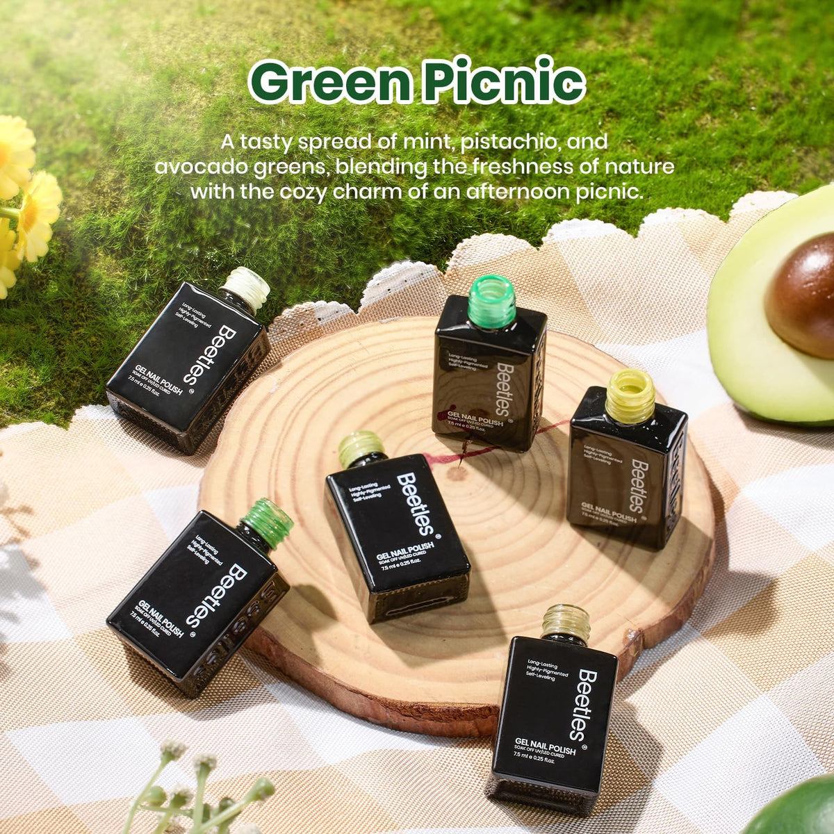 beetles gel polish color swatches laid flat, showing pastel-to-dark greens for selection benefit