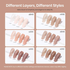beetles color swatch lineup of six jelly nude shades demonstrating translucent layering options