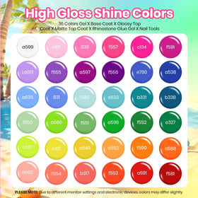 beetles color swatches arranged to show 36 neon shades for inspired designs