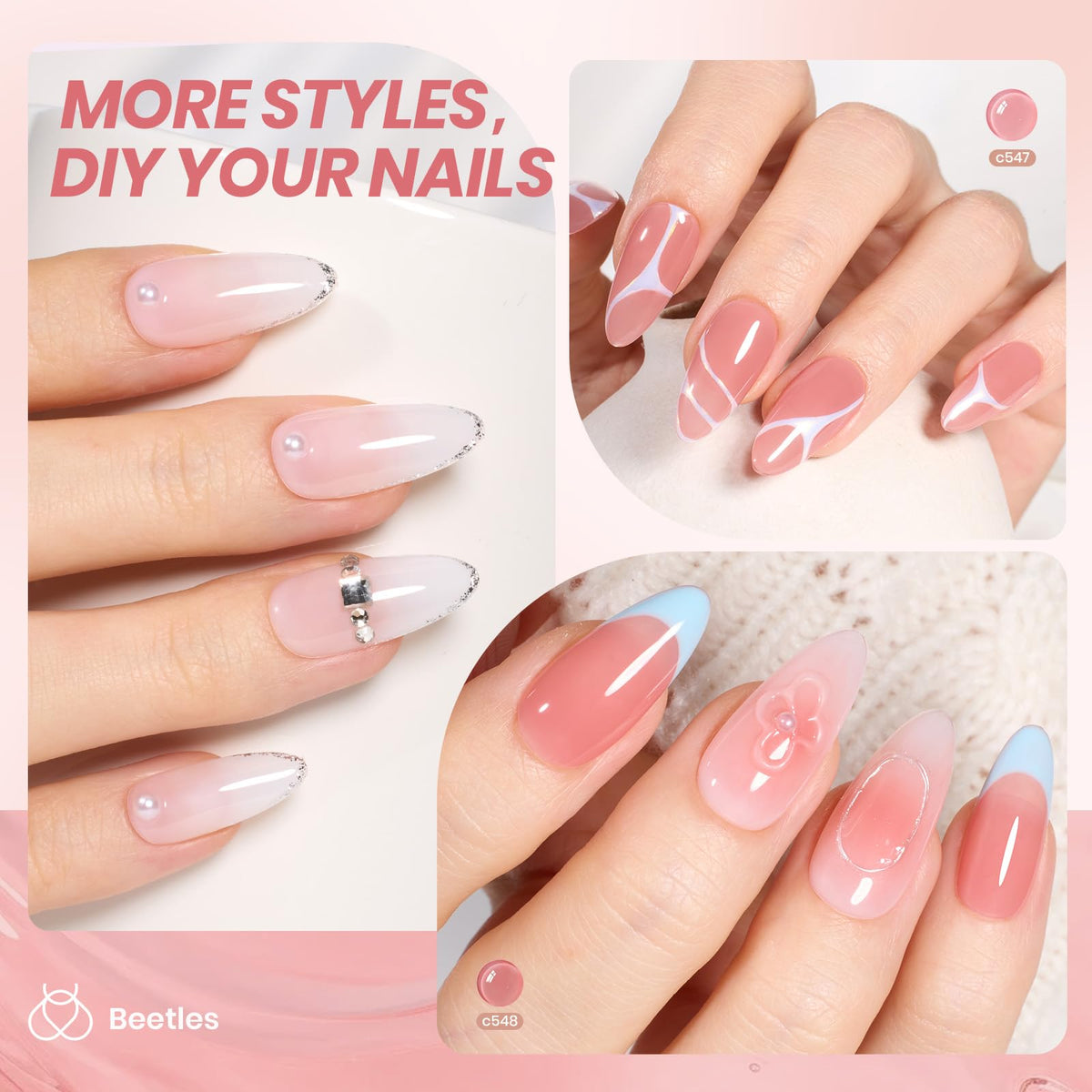 beetles Gel Polish nail wheel with six sheer nude-pink swatches for shade selection