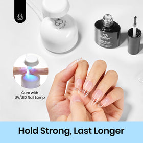 beetles cured nail extension side view, break-resistant finish demonstrated