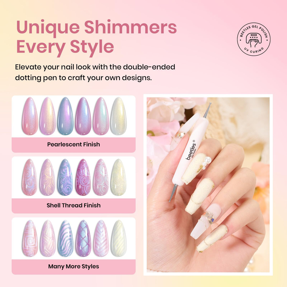 Beetles dotting pen with open bottles arranged for nail art benefit: precise detailing