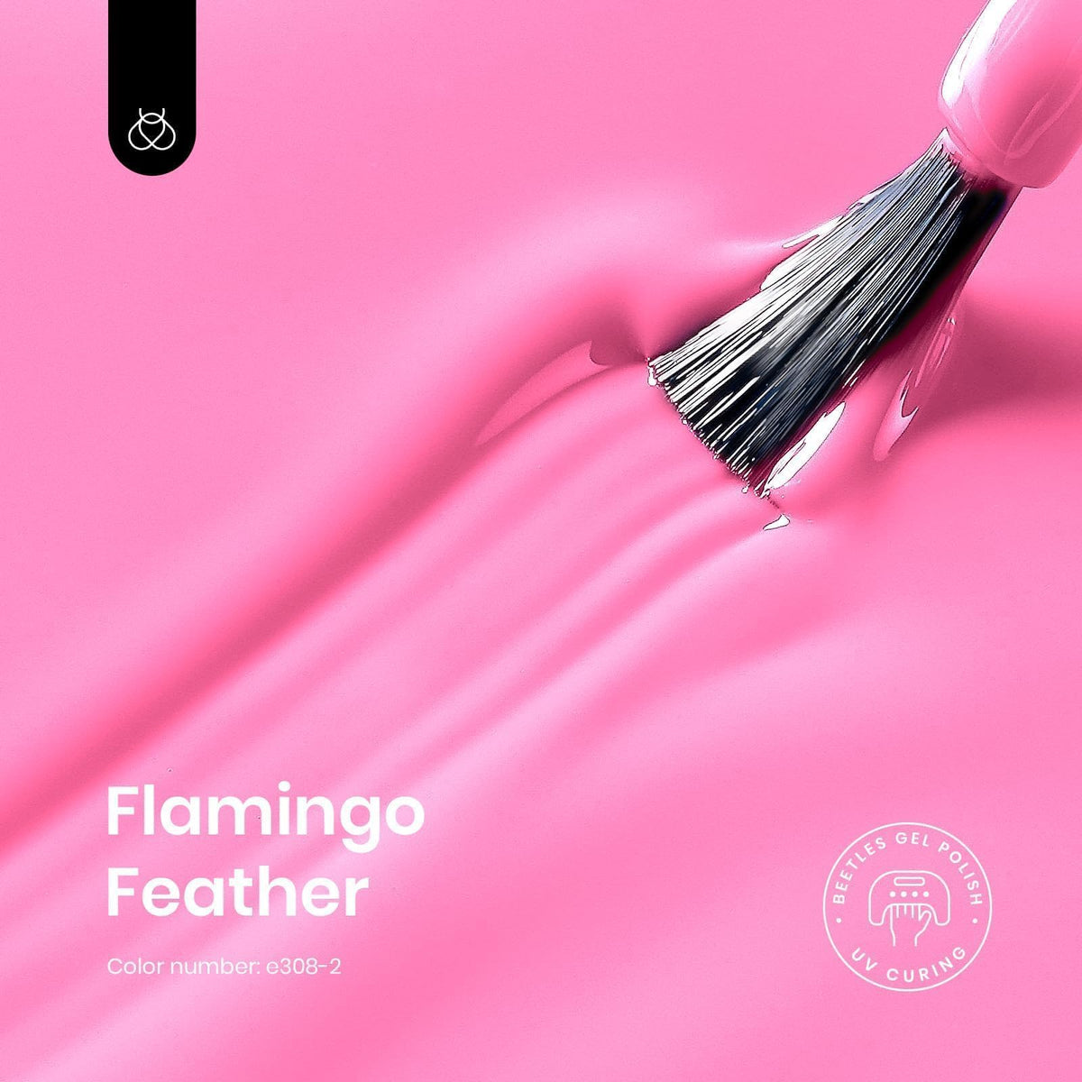 Beetles Flamingo Feather brush stroke on white card highlighting smooth application benefit