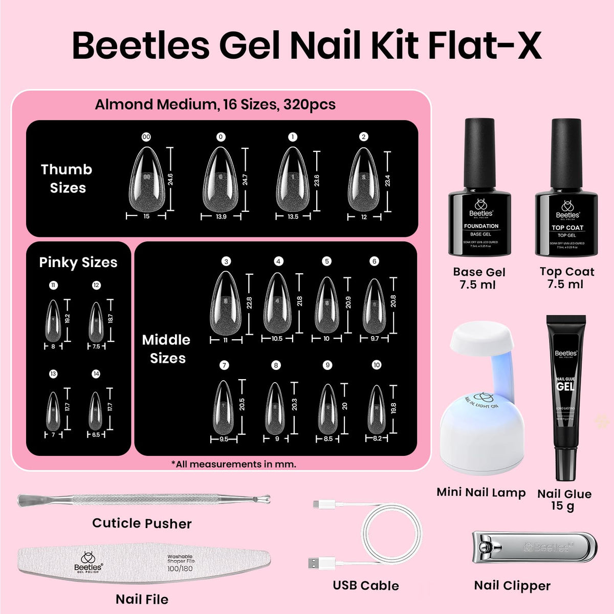 Beetles Gel Polish array of 320 tips organized by 16 sizes for precise fit