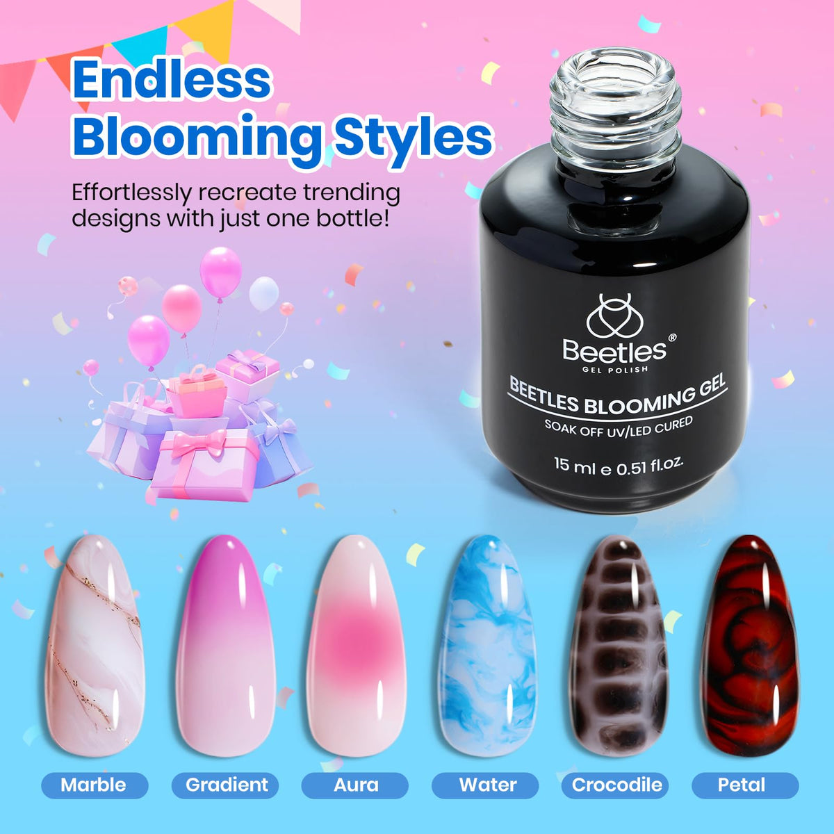 Beetles Blooming Gel producing floral petals on nail tip, delicate watercolor effect benefit
