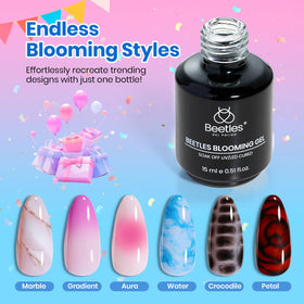 Beetles Blooming Gel producing floral petals on nail tip, delicate watercolor effect benefit