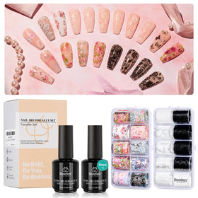 Home manicure scene with Beetles glue showing DIY convenience and salon-quality