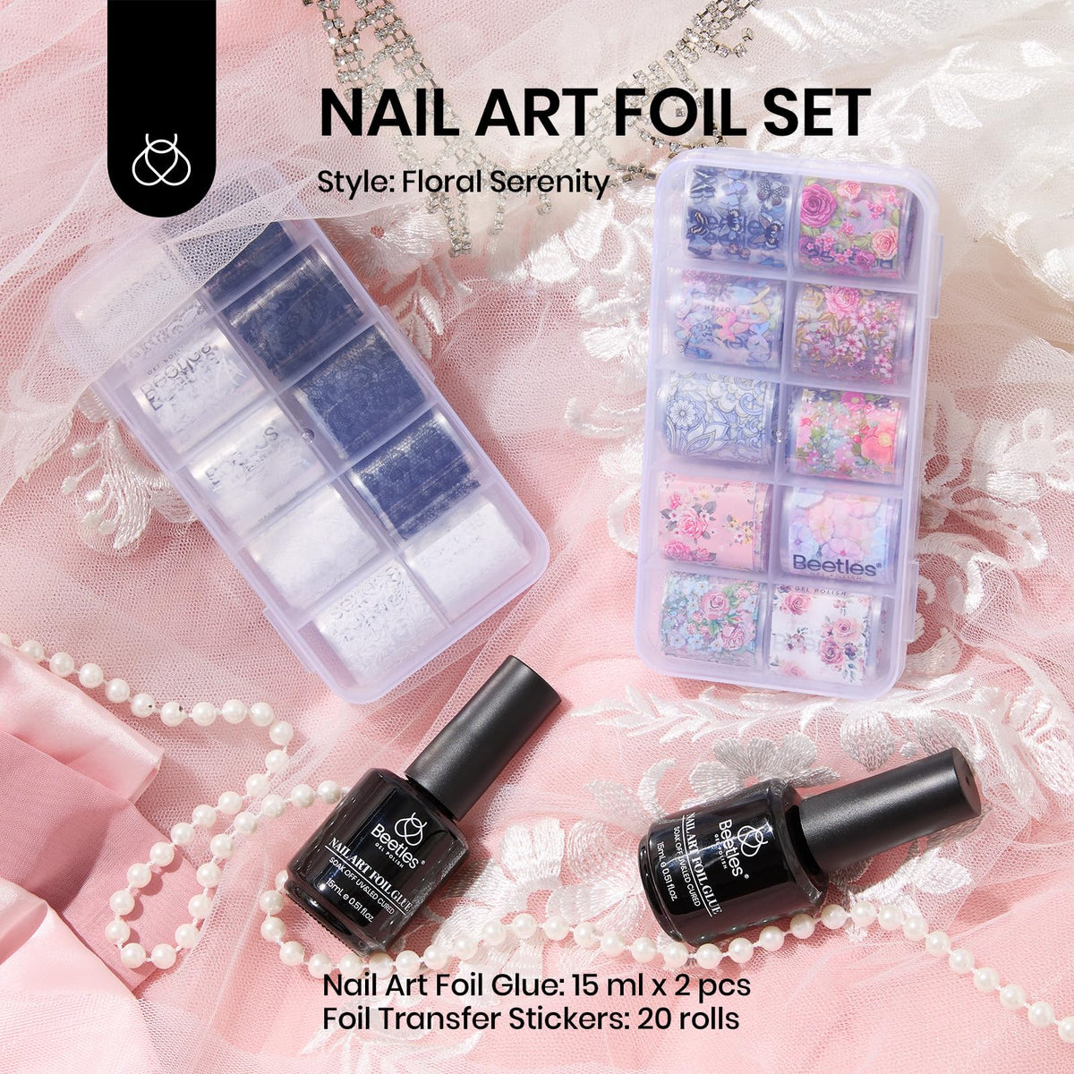 Finished metallic nail design created with Beetles glue showing long-lasting shine