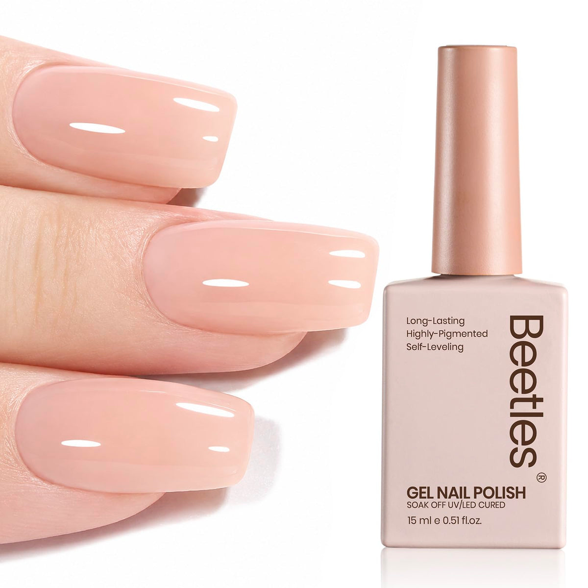 Beetles 15ml bottle front view showing nude pink jelly gel and compact size benefit