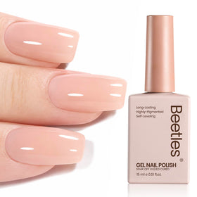 Beetles 15ml bottle front view showing nude pink jelly gel and compact size benefit