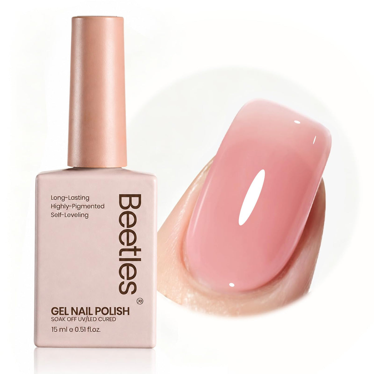 Beetles gel polish front bottle showing label and neutral pink shade benefit natural finish