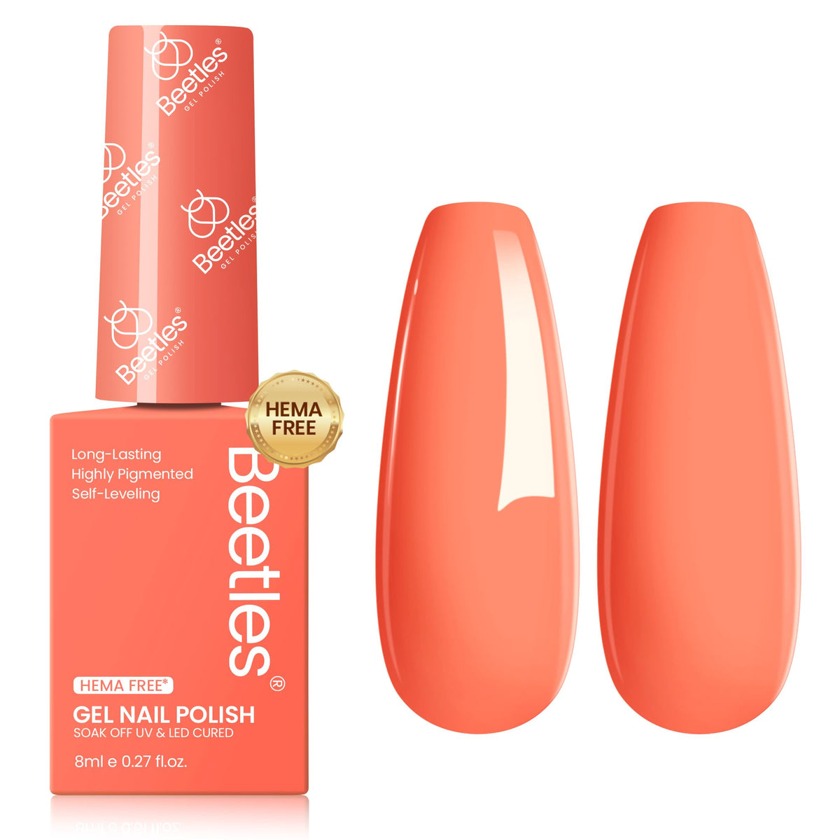 beetles bottle front showing coral orange shade and easy color selection