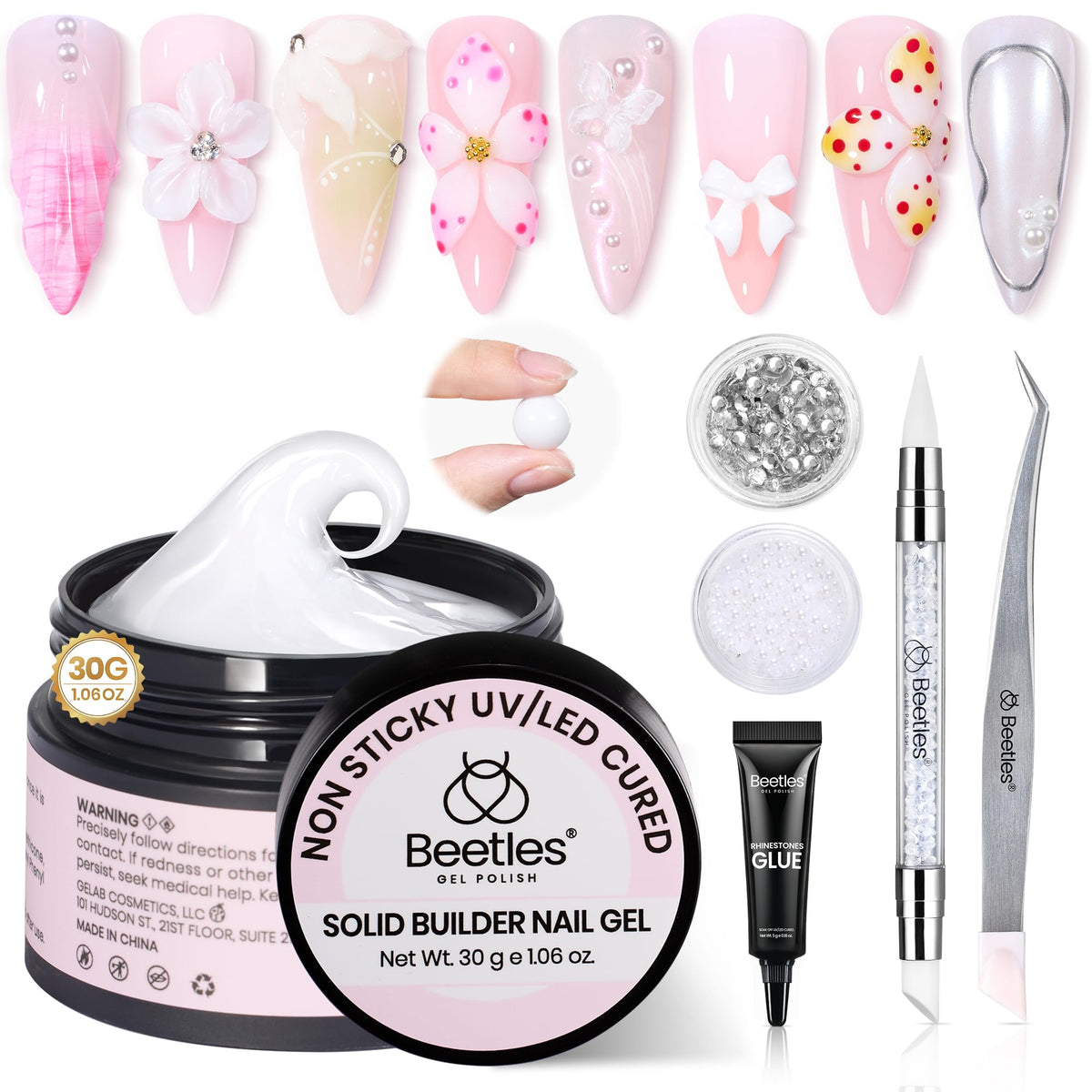 Beetles front package showing white solid builder gel and included tools for easy sculpting