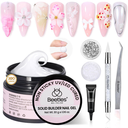 Beetles front package showing white solid builder gel and included tools for easy sculpting
