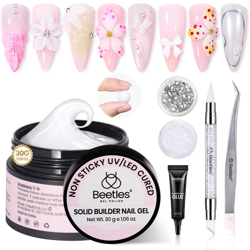 Beetles front package showing white solid builder gel and included tools for easy sculpting