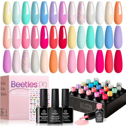beetles front packaging showing 20 pastel gel colors and three top/base bottles, ideal gift