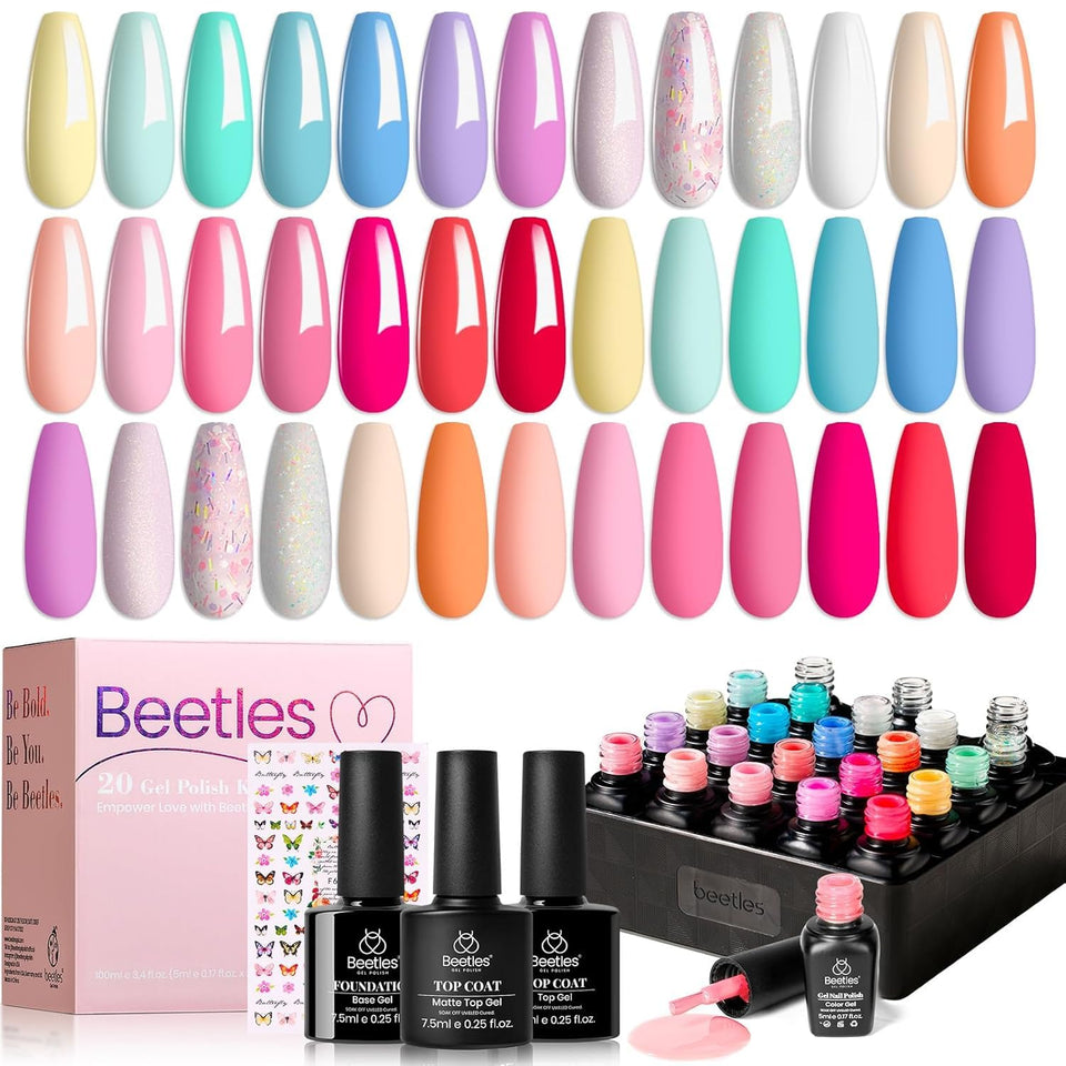 beetles front packaging showing 20 pastel gel colors and three top/base bottles, ideal gift